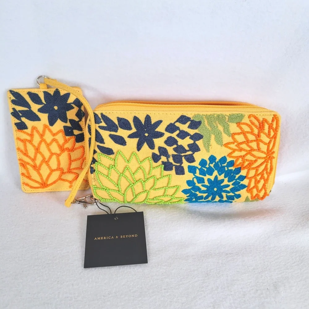 America & Beyond Womens Zip Around Wallet ID Pouch Embroidered Floral Yellow